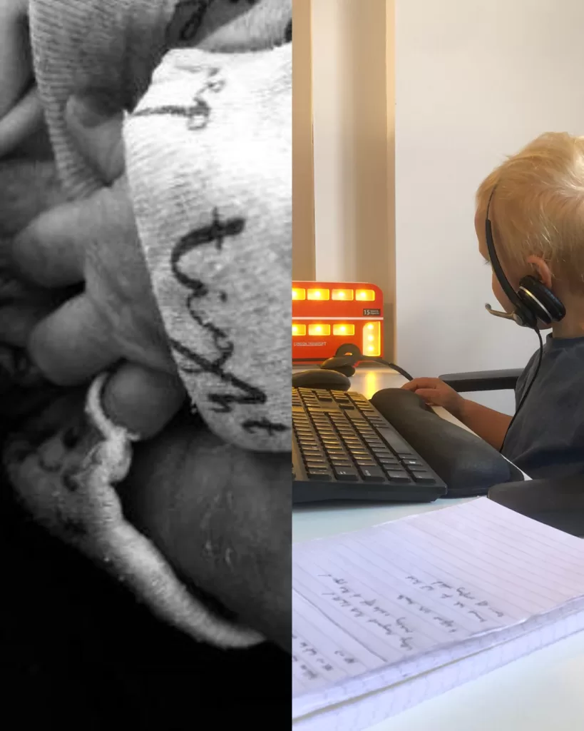 left hand side is tiny baby hands and right hand side is back of toddler sitting at desk